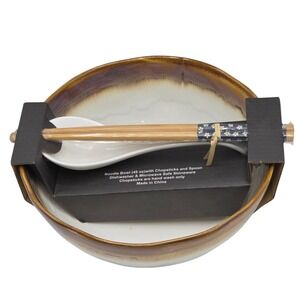 SH Home Waves Ceramic Ramen Noodle Bowl Set Chopsticks & Spoon Brown Cream Asian